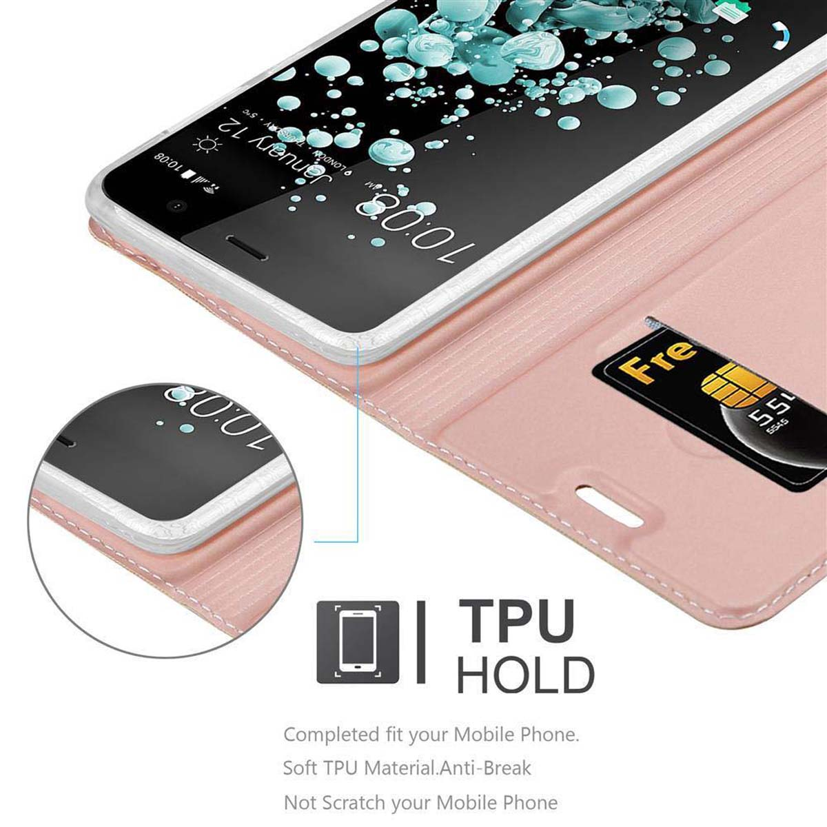 Geöffnete rosa Handy-Geldbörse mit Telefon und Karte. Weißer Hintergrund.