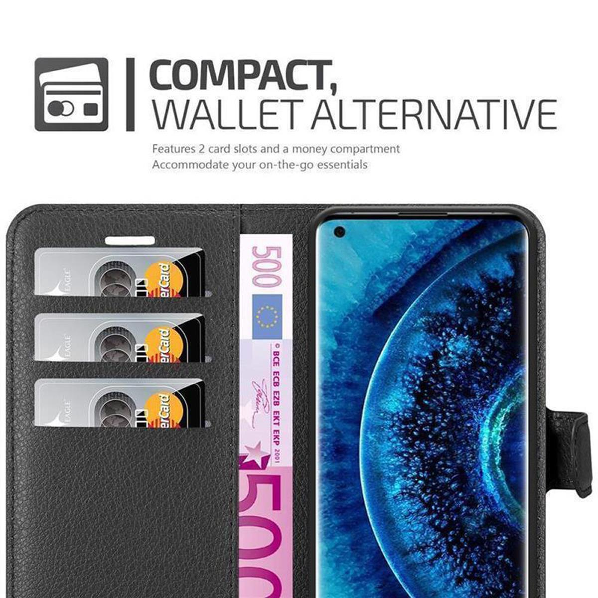Un telefono in una custodia nera, con uno slot per carte e un vano per il denaro. Testo: 'COMPACT, WALLET ALTERNATIVE'.
