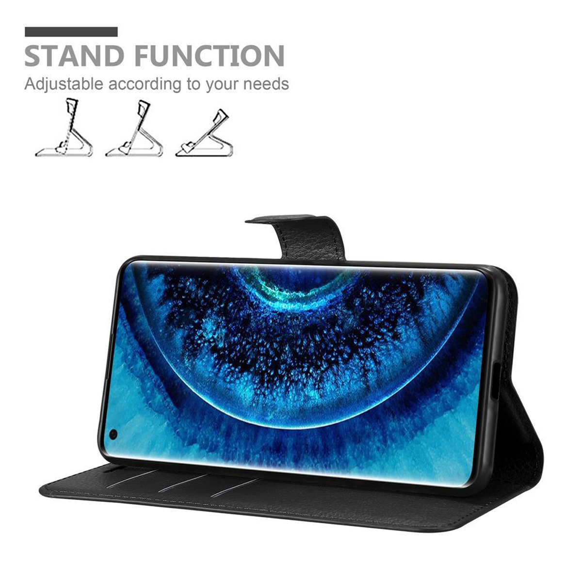 Un telefono nero è in una custodia nera su un supporto. Il testo recita STAND FUNCTION.
