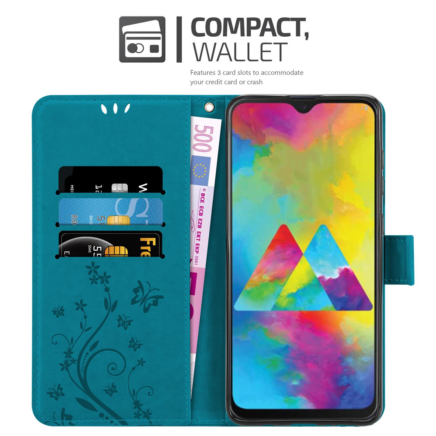 Custodia teal con fiori, aperta, rivela telefono e carte. Testo: Compact, Wallet.