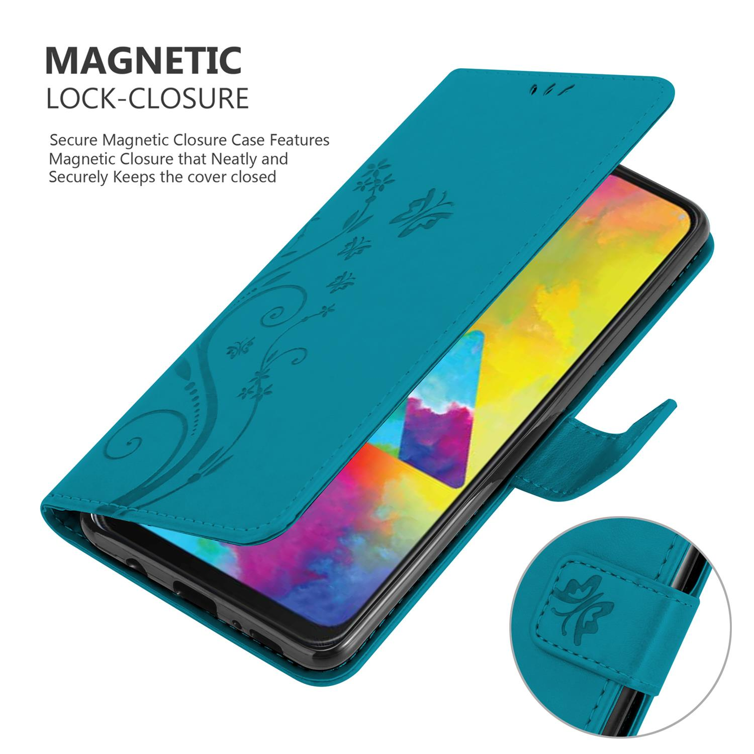 Custodia turchese, aperta con telefono. Design floreale e chiusura magnetica.