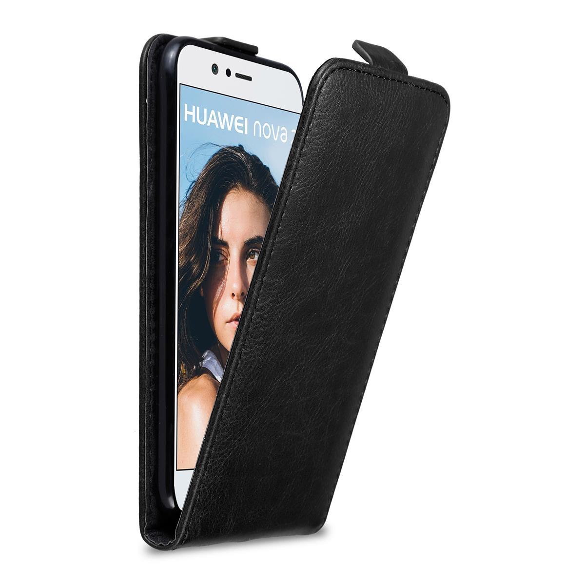 Custodia nera per telefono aperta, con un telefono all'interno, che mostra il volto di una donna.