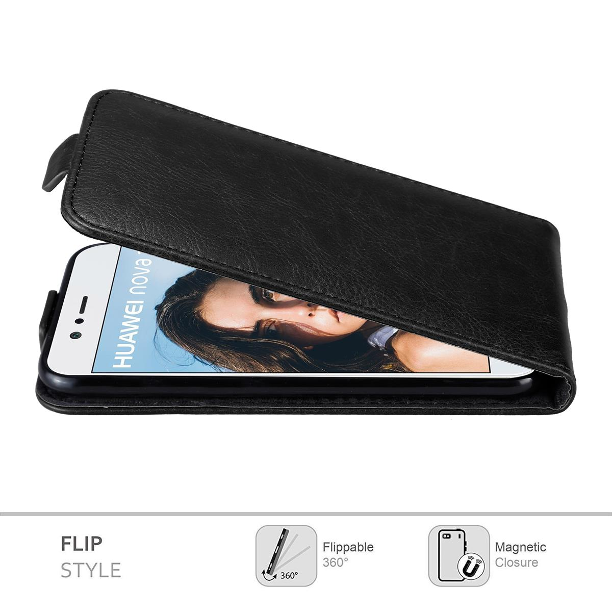 Custodia per telefono nera aperta, che rivela un telefono. Dice 'Huawei Nova'. Chiusura magnetica.