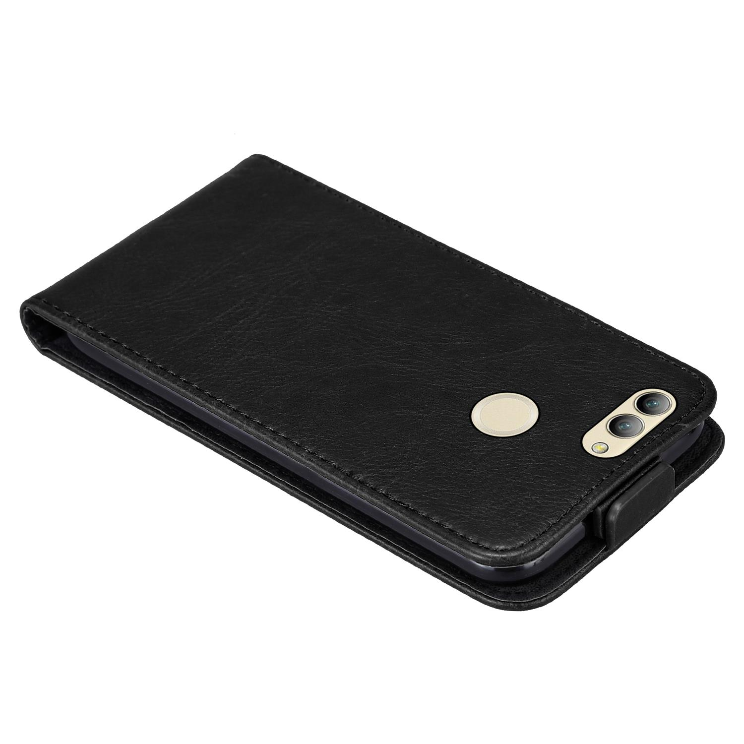Custodia nera per telefono, chiusa. Presenta fotocamera e un pulsante rotondo.