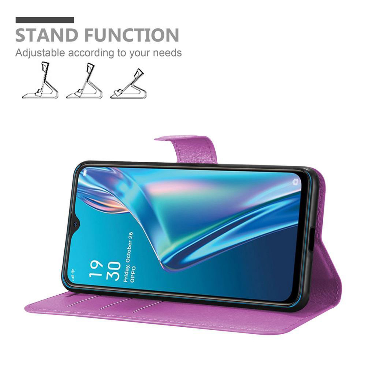 Custodia per telefono viola con funzione supporto, che tiene un telefono con data sullo schermo.