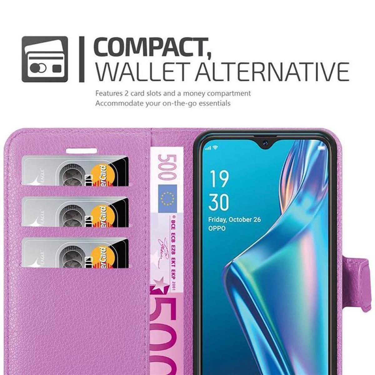 Custodia viola per telefono con slot per carte, denaro e schermo.