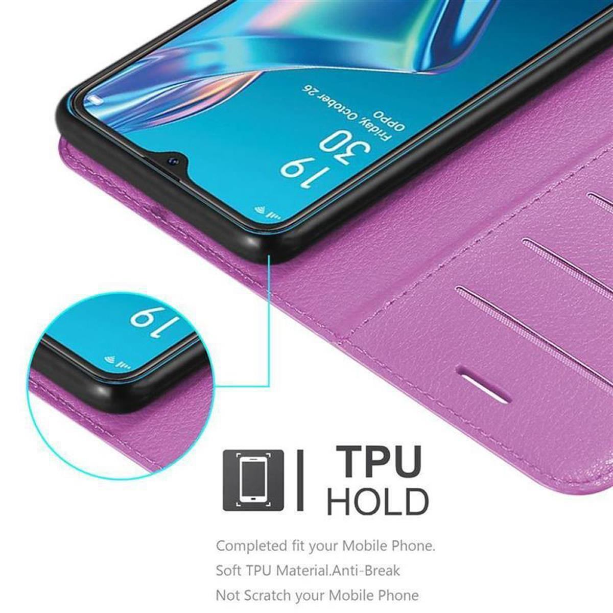 Custodia viola con telefono, aperta. Testo sullo schermo visibile.
