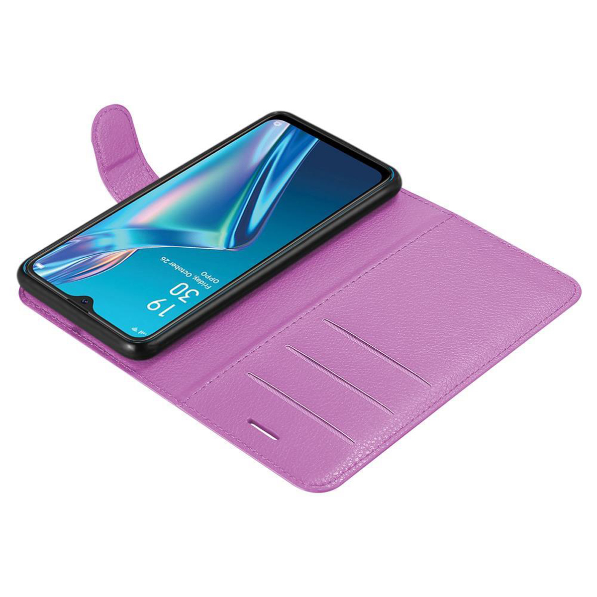 Custodia viola per telefono, aperta, con un telefono all'interno. Lo schermo del telefono è visibile. La custodia è aperta.