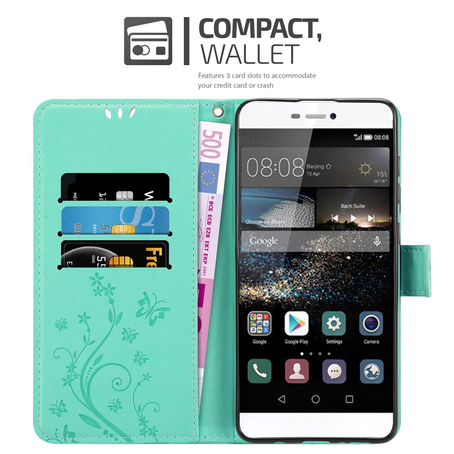 Huawei, CADORABO Blumen Case, TÜRKIS Hülle Bookcover, FLORAL Flower Muster P8,