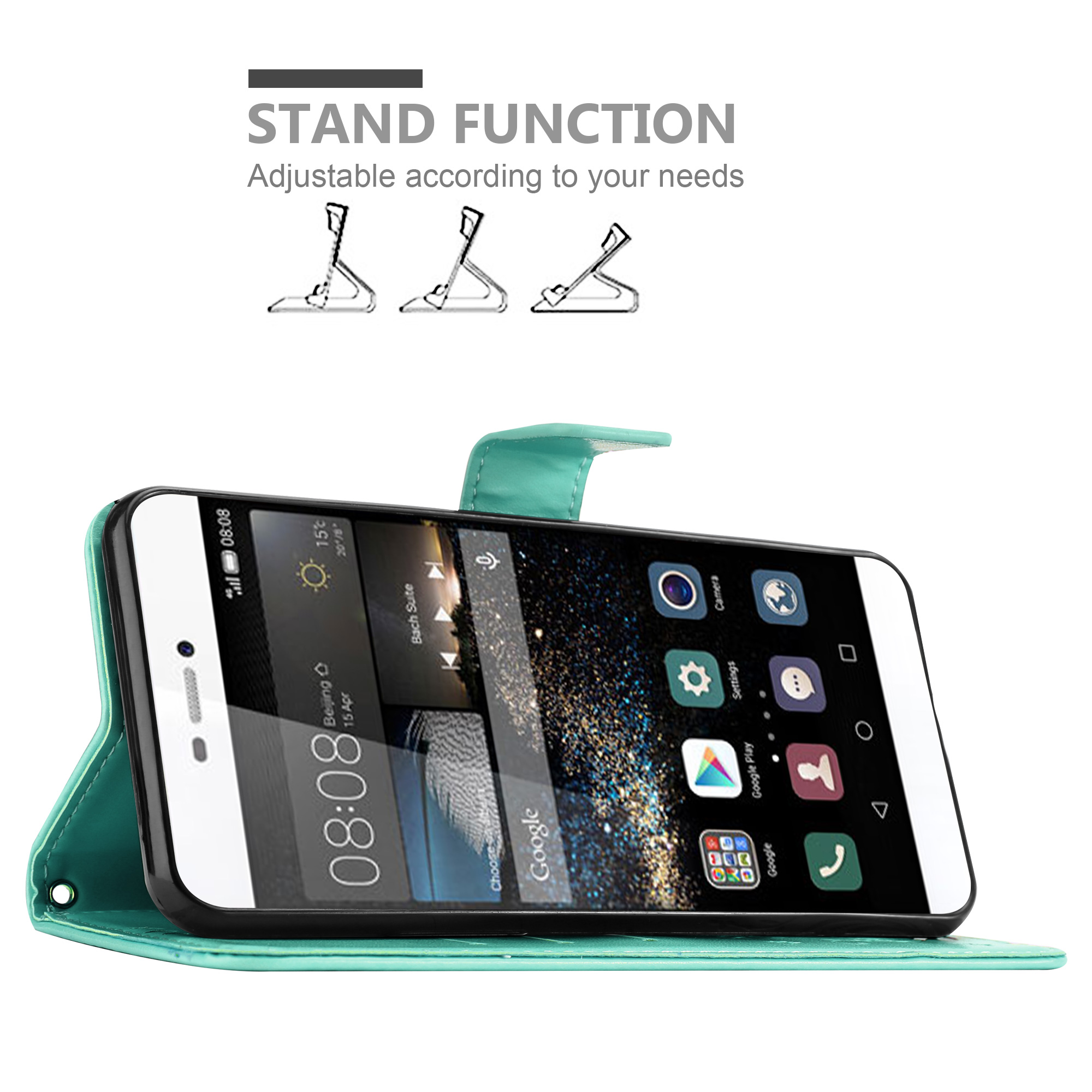 Custodia per telefono verde aperta con telefono all'interno. Design con funzione stand mostrato sopra.