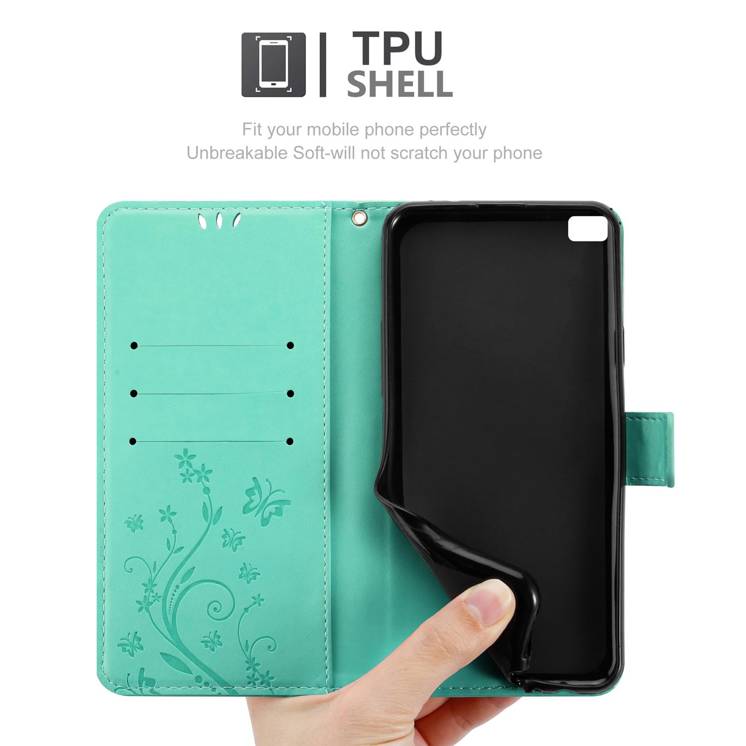 Una custodia per telefono verde acqua aperta, che rivela un telefono. Una mano tiene il telefono.