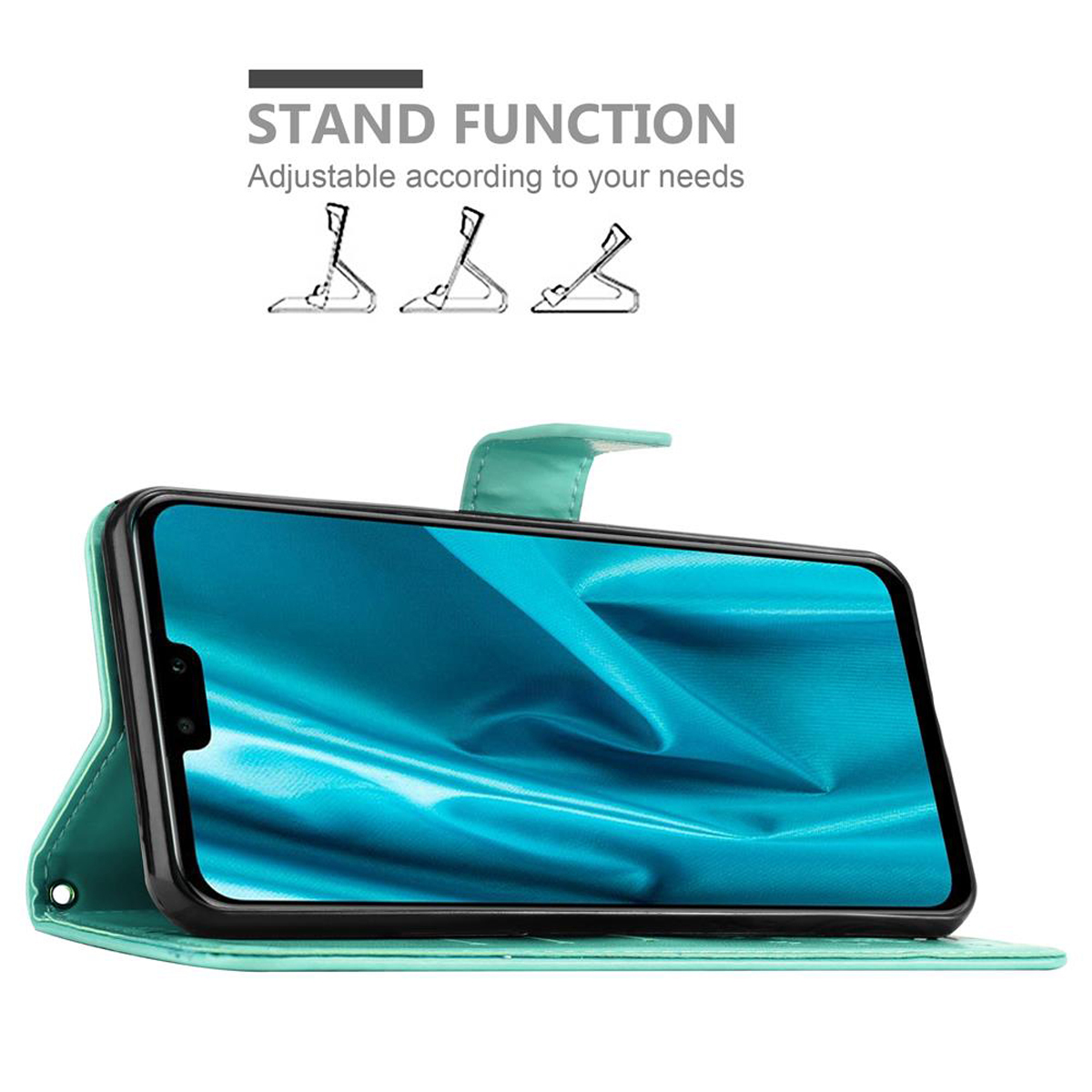 Funda de teléfono verde azulado con teléfono dentro, función de soporte ajustable arriba. Fondo blanco.
