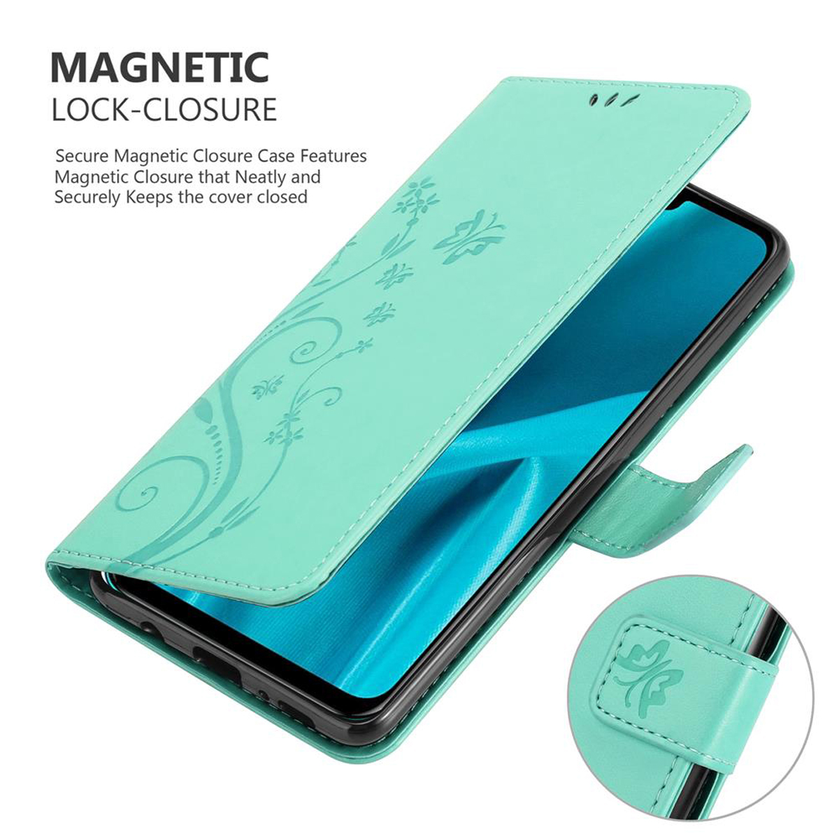Funda de teléfono verde azulado abierta con diseño floral. Pantalla del teléfono con iconos visible. Cierre magnético.