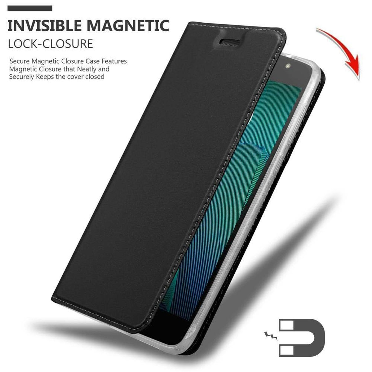 Custodia per telefono con chiusura magnetica. Telefono all'interno. La custodia è nera.