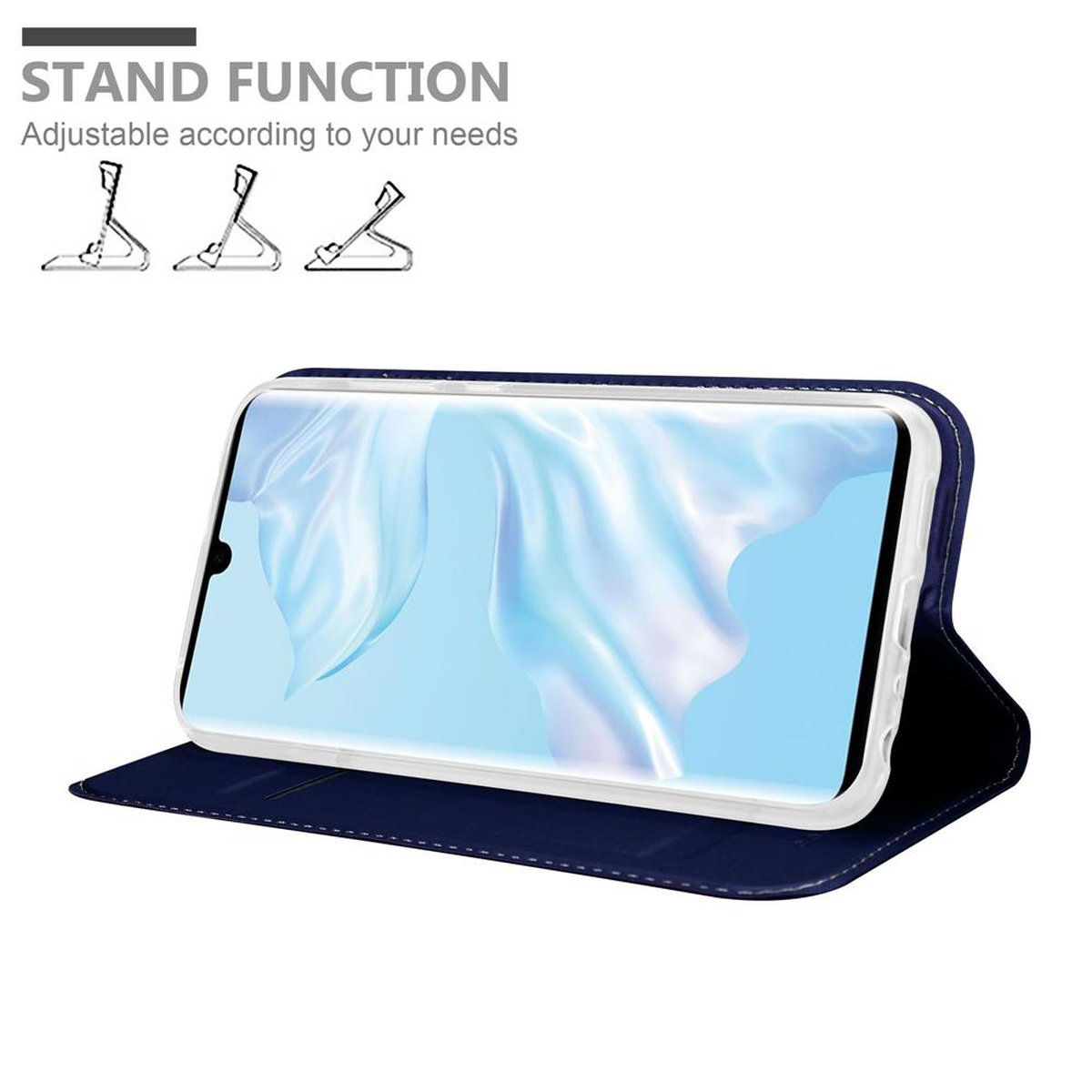 Ein Telefon in einer blauen Hülle, der Bildschirm ist eingeschaltet. Die Hülle ist offen, der Text zeigt die Standfunktion an.