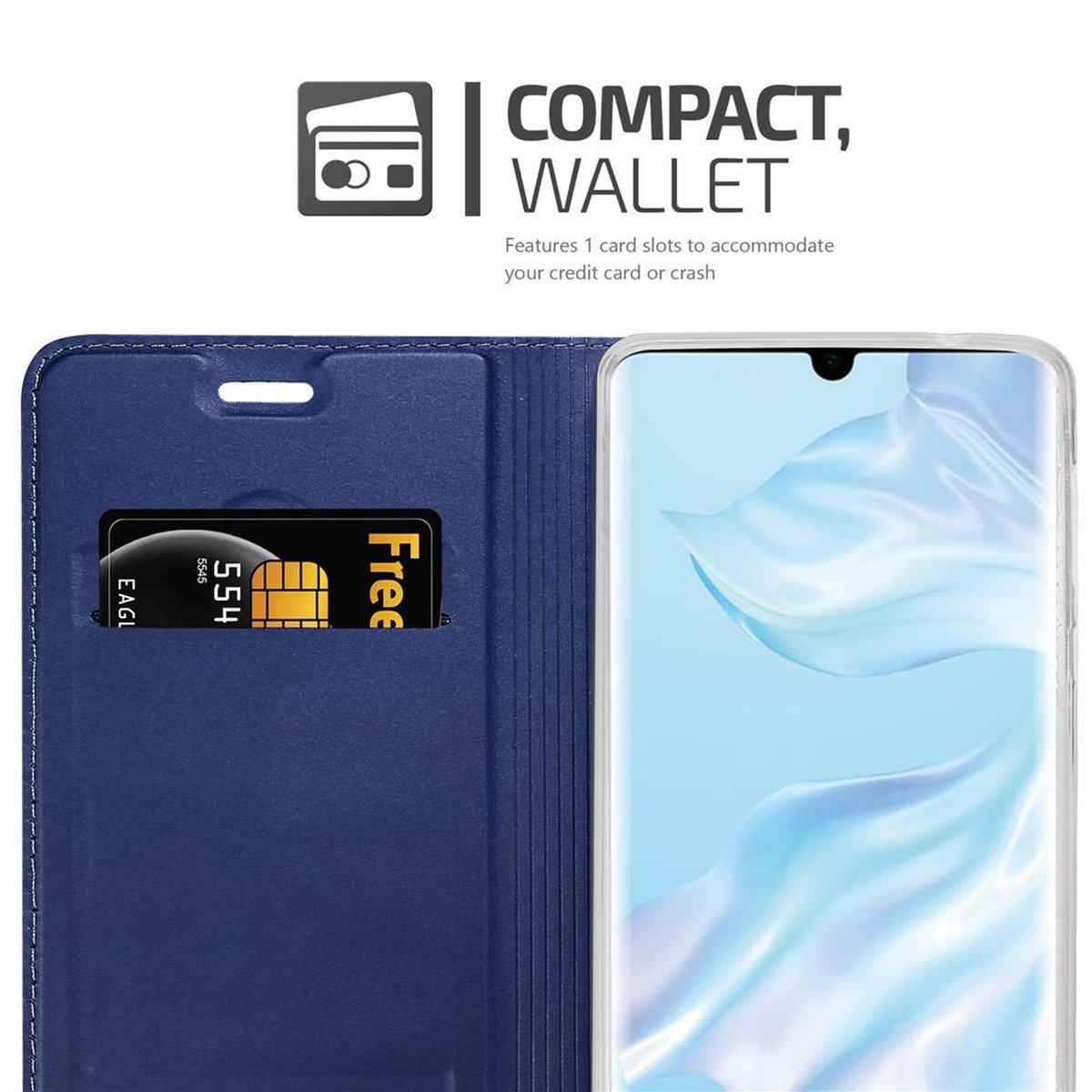 Blaue Handyhülle mit Kreditkartenfach. Ein Telefon ist sichtbar.
