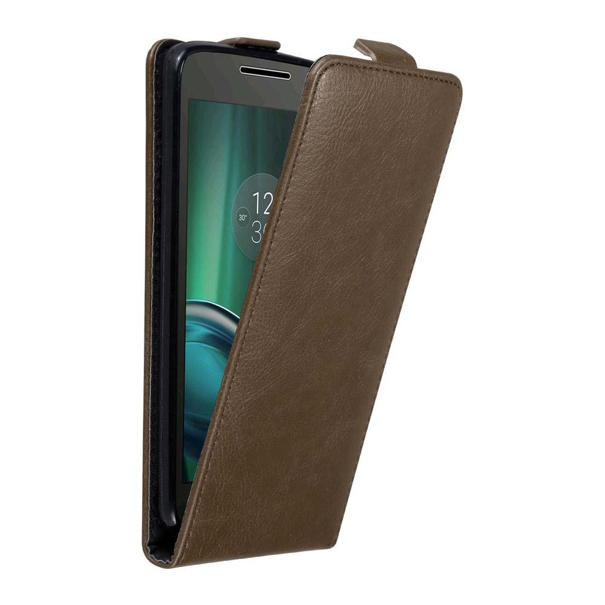 Funda de cuero marrón abierta con teléfono mostrando hora y fecha.