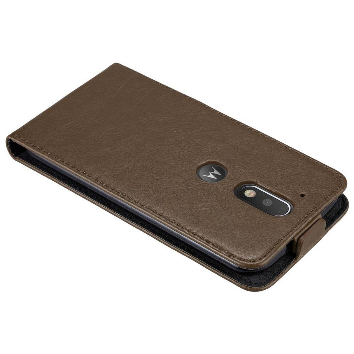 Funda marrón para teléfono con teléfono dentro. El teléfono tiene un logotipo de Motorola.