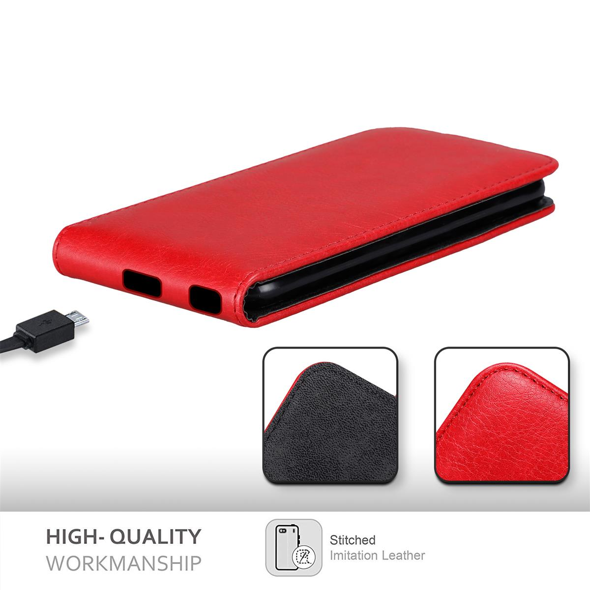 Rote Handyhülle mit offenem Design, schwarzes Telefon innen und Details. Weißer Hintergrund.