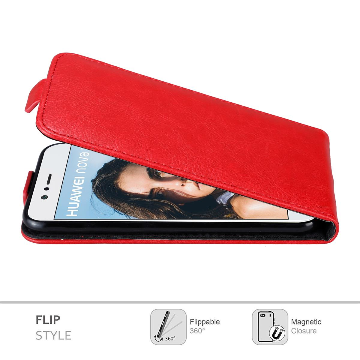 Rote Handyhülle mit einem Huawei-Telefon. Das Telefon ist geöffnet. Text: Flip Style. Umklappbar 360, Magnetverschluss.