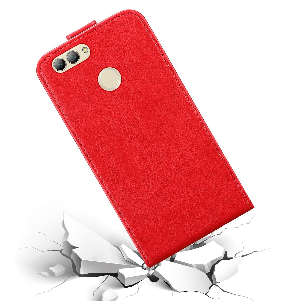 Rote Handyhülle mit Telefon. Die Hülle ist unten beschädigt und reißt die Oberfläche auf.