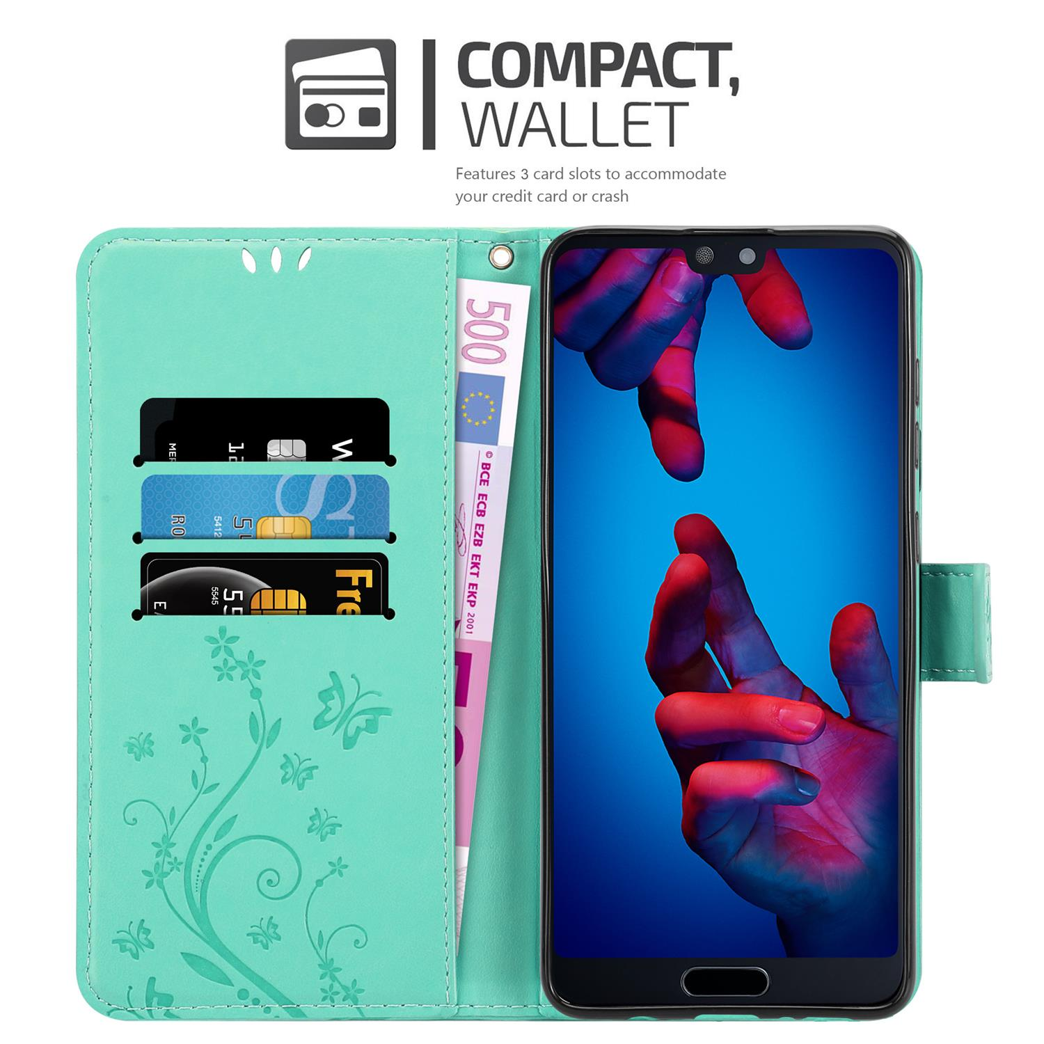 Case, Huawei, TÜRKIS CADORABO Flower Bookcover, FLORAL P20, Muster Blumen Hülle