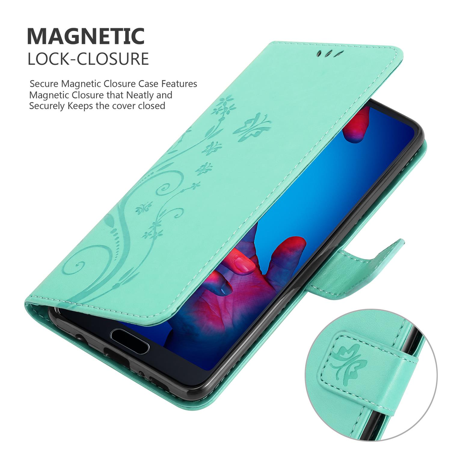 Custodia per telefono turchese con design floreale, aperta per rivelare lo schermo del telefono.