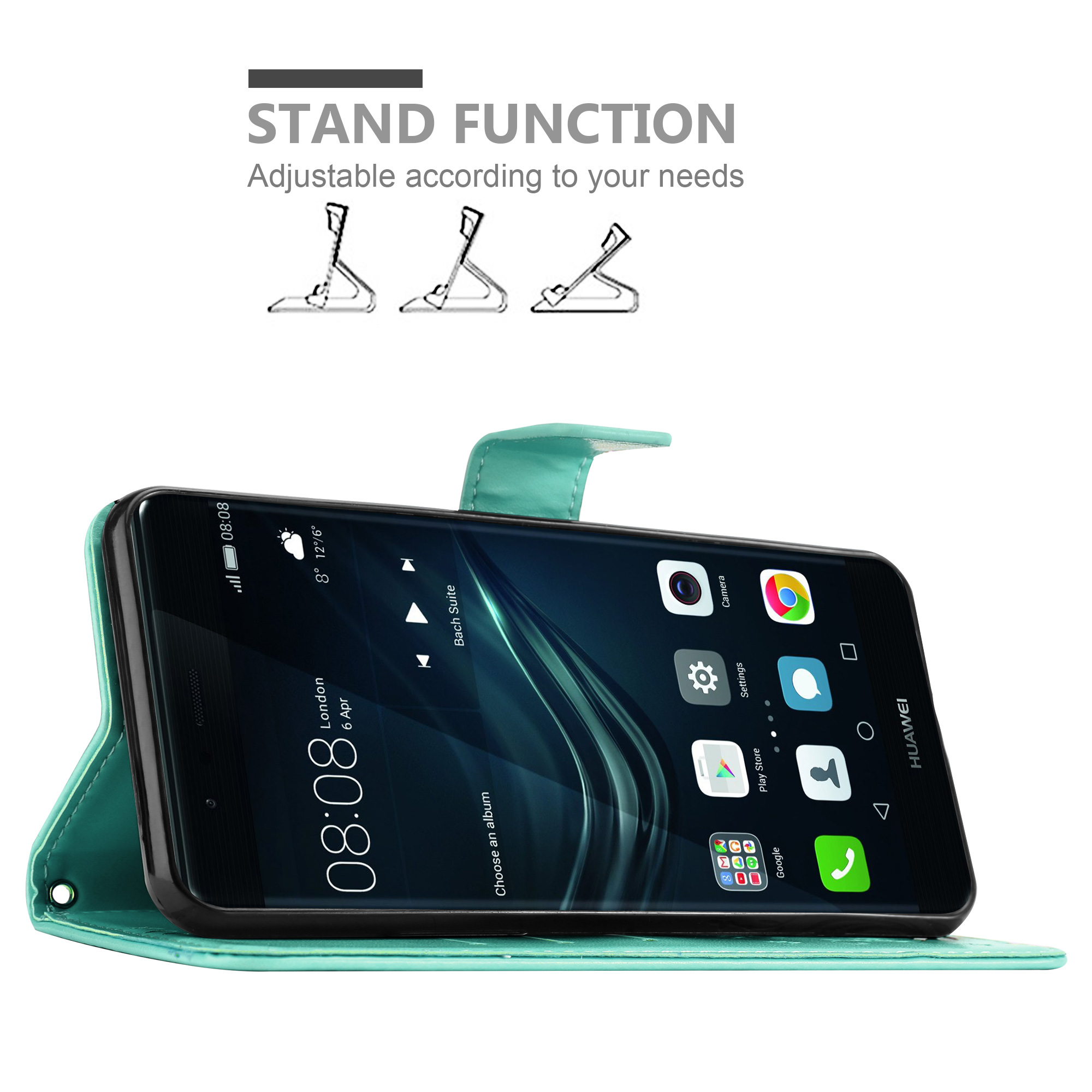 Grüne Handyhülle offen, Telefon innen. Hülle als Ständer. Standfunktion.