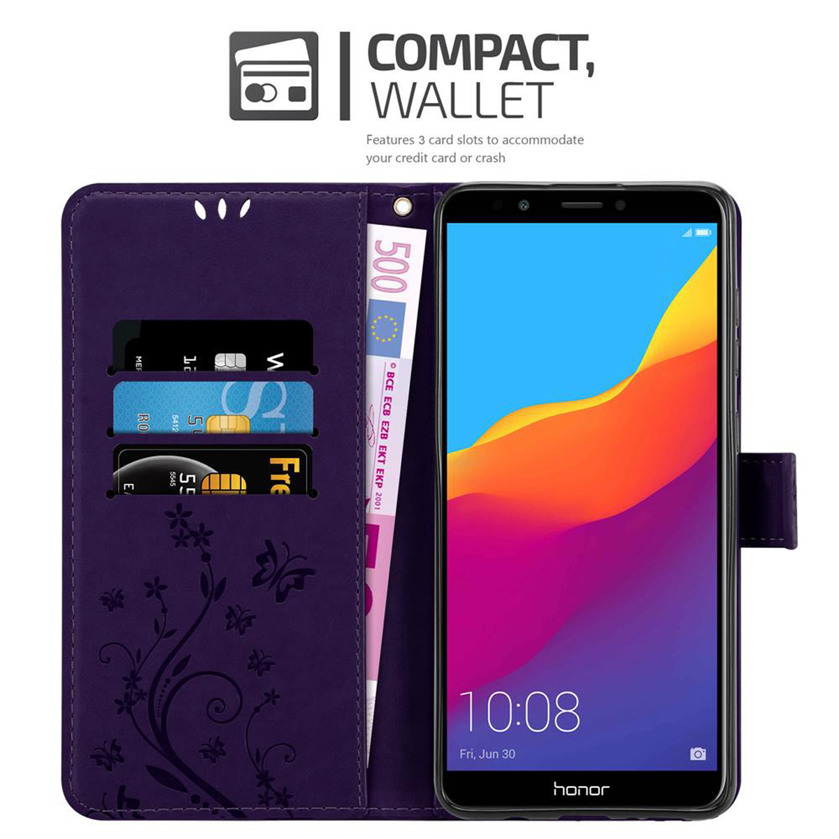 Custodia a portafoglio per telefono viola, aperta, con telefono, carte e banconota da 500 euro.