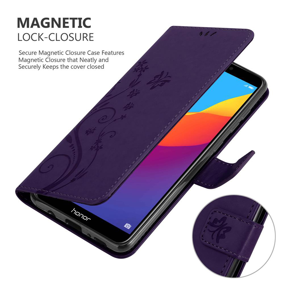Custodia per telefono viola con telefono, chiusura magnetica e motivo floreale.