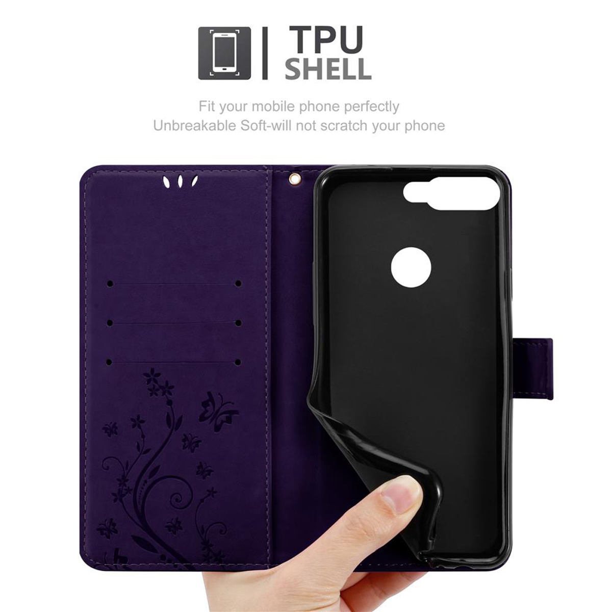 Custodia per telefono viola aperta, con porta telefono e fessure per carte. Testo bianco: TPU SHELL.