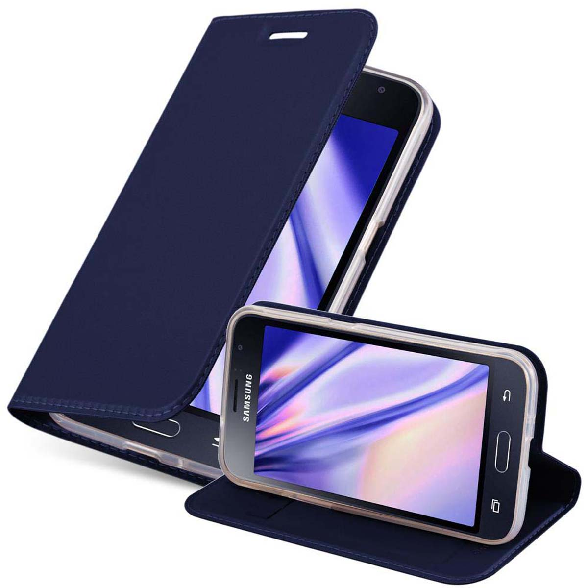 Custodia blu navy per telefono con un telefono dentro. La custodia è aperta, mostrando lo schermo.