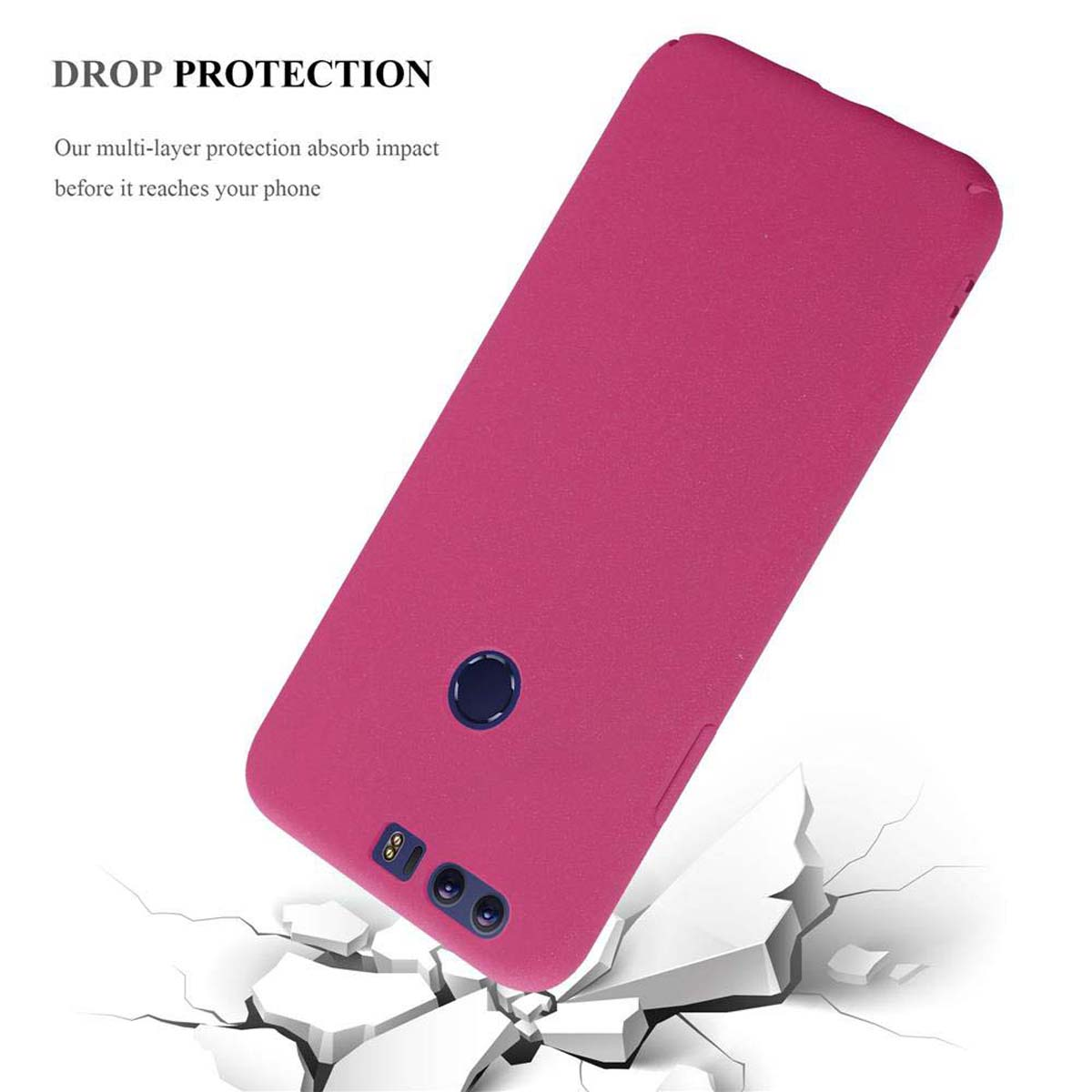 Pinke Handyhülle mit Telefon. Das Telefon befindet sich in einer pinken Hülle auf einer weißen Oberfläche. Die Hülle hat eine weiße Oberfläche.
