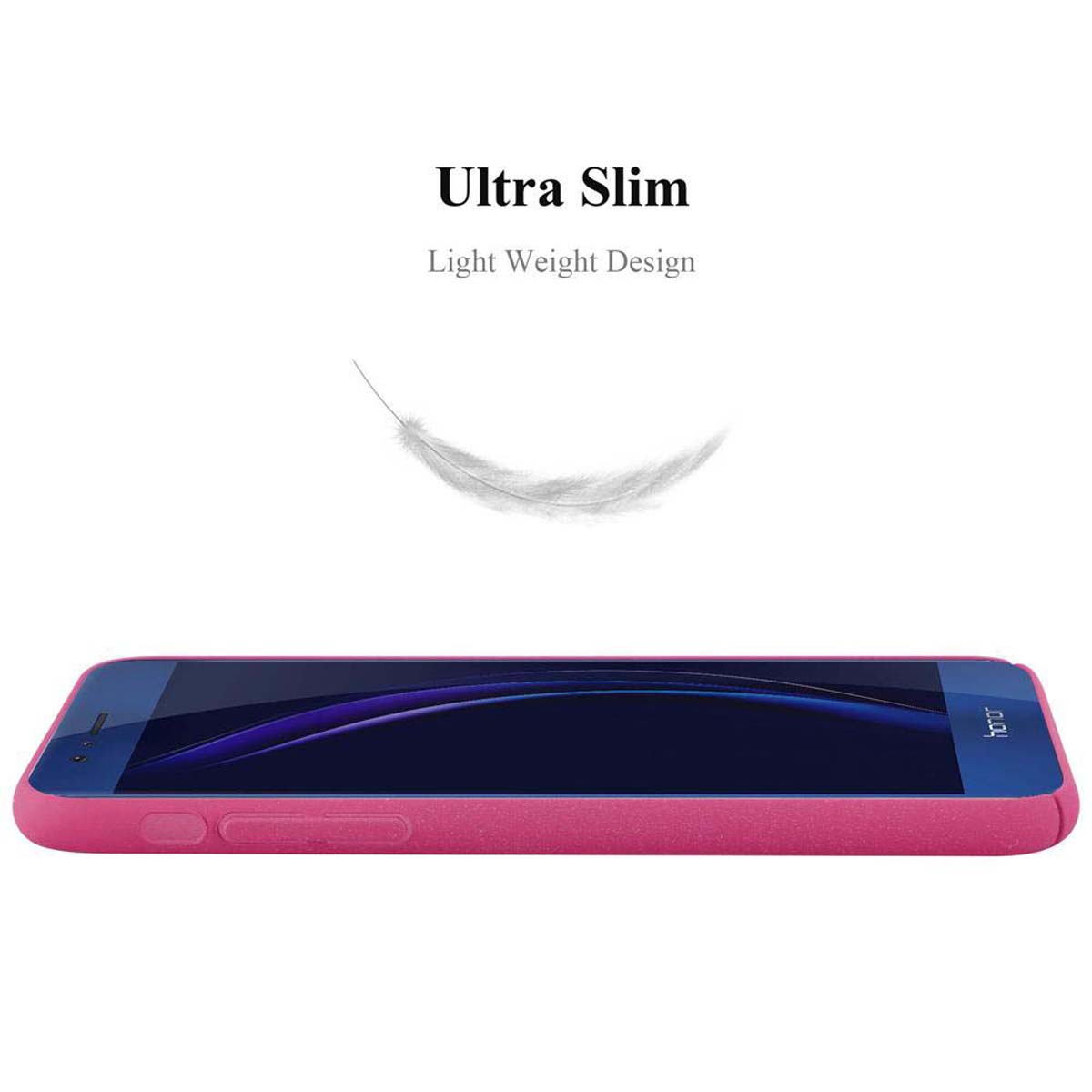 Pinke Handyhülle mit Telefon, auf weißem Hintergrund.
