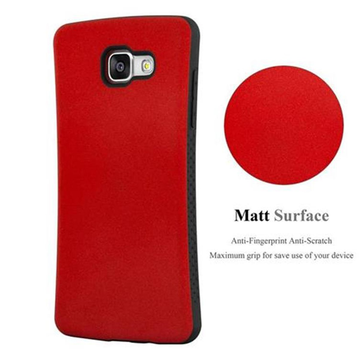 Funda roja para teléfono con superficie mate. La funda está colocada sobre un fondo blanco.