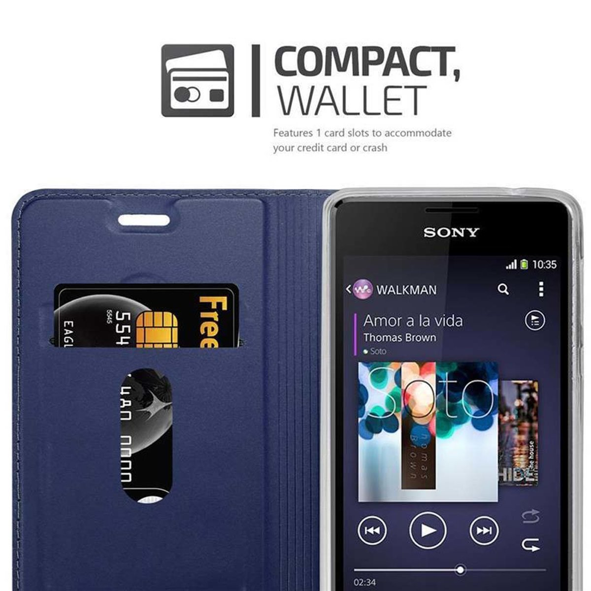 Funda de cartera azul con teléfono. La pantalla del teléfono muestra una aplicación de música. Tiene una ranura para tarjetas y dos tarjetas.