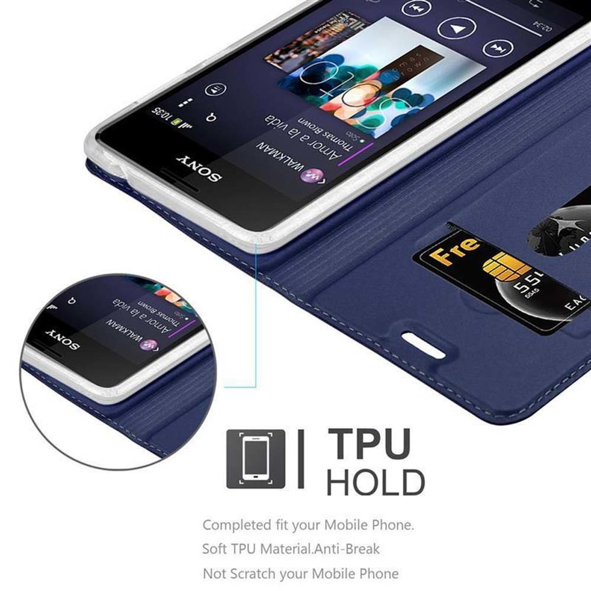 Funda azul para teléfono con teléfono. Texto: TPU Hold. El teléfono muestra una aplicación de música.