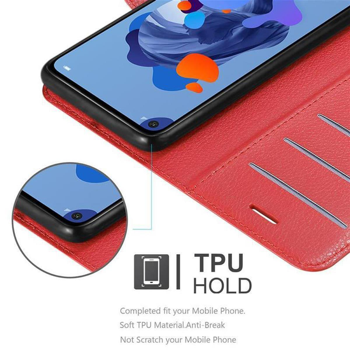 Rote Handyhülle offen. Telefonbildschirm sichtbar. TPU-Halte-Text und Grafiken werden angezeigt.