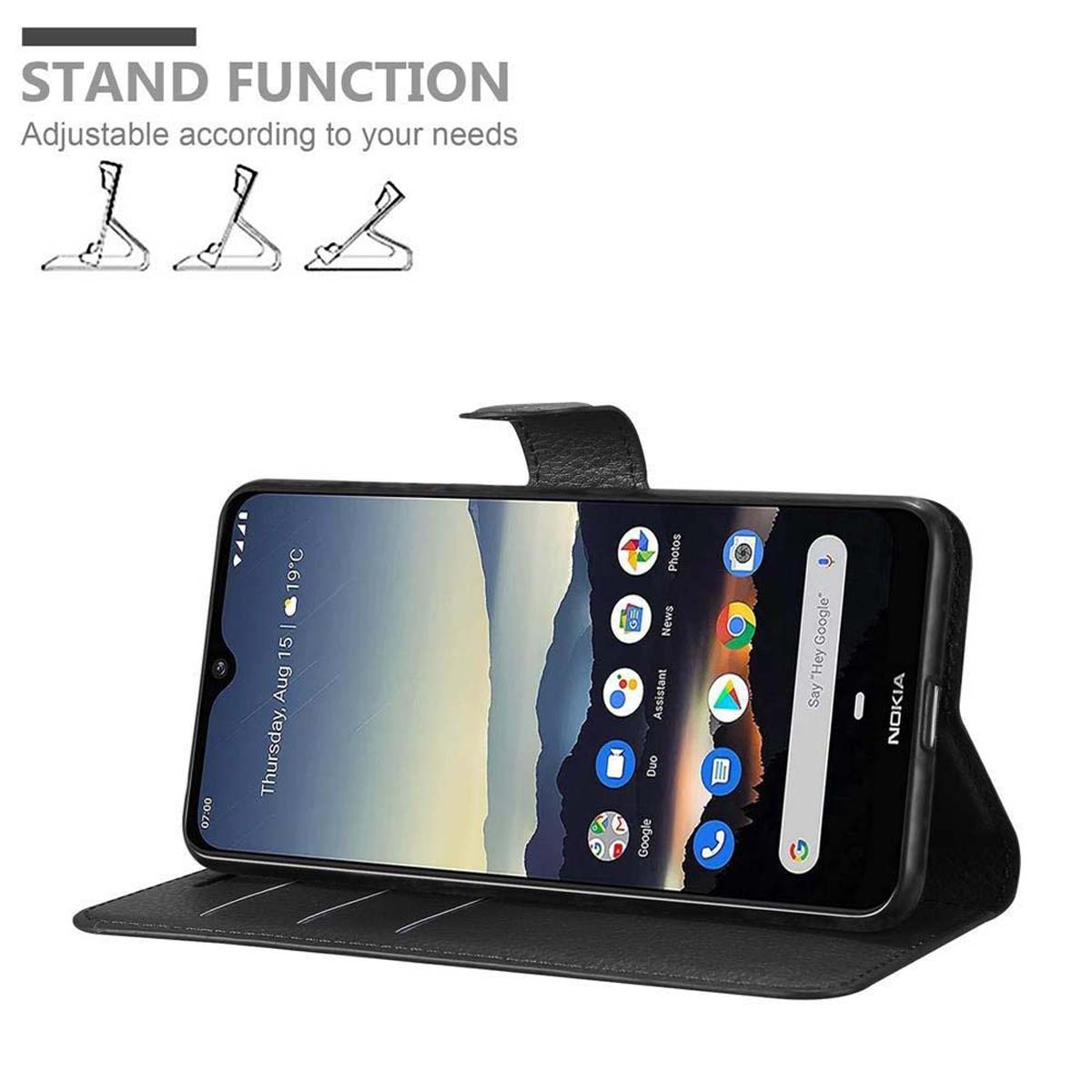 Schwarzes Telefon in einer Handyhülle, geöffnet und angewinkelt. Text: STAND FUNCTION.