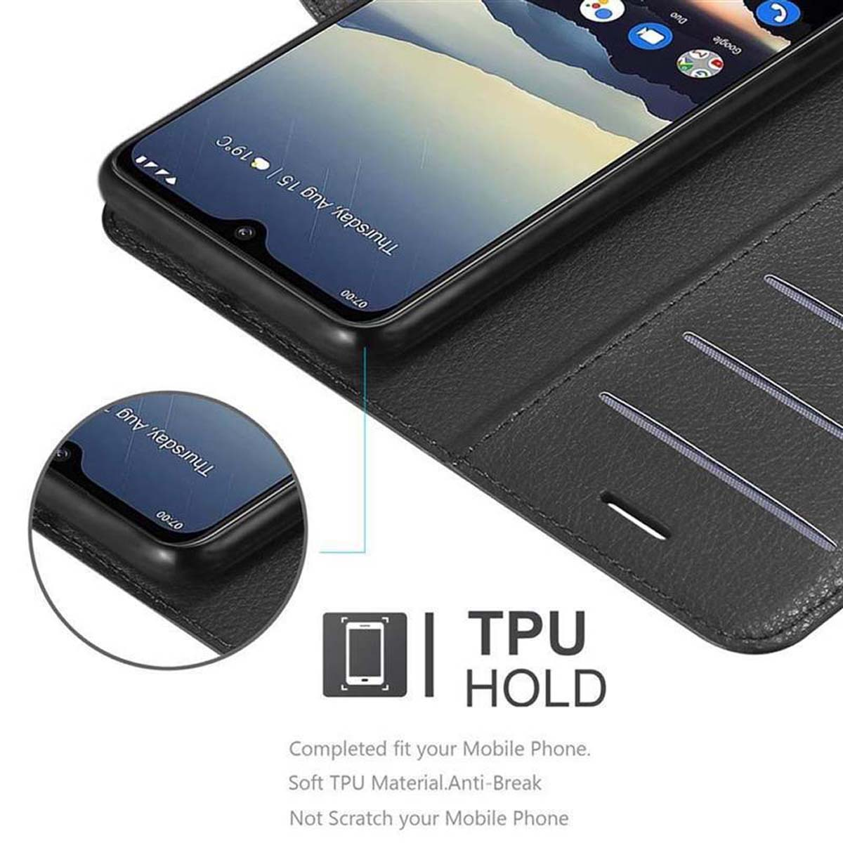 Schwarze Handyhülle mit Telefon im Inneren. Telefonbildschirm zeigt Uhrzeit und Datum. Text unten 'TPU HOLD'.