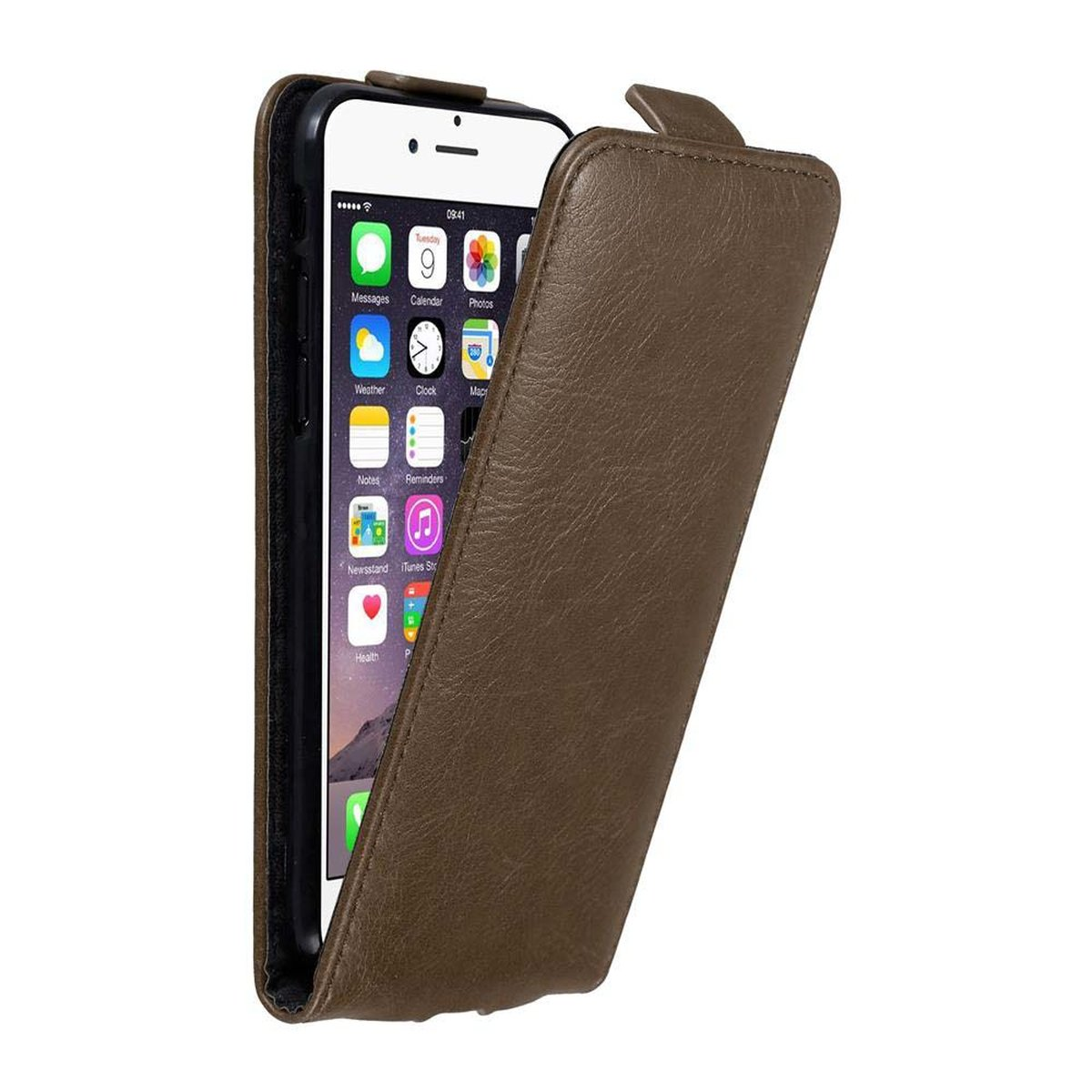 Braune Handyhülle mit geöffneter Klappe, die ein Telefon mit Symbolen auf dem Bildschirm freigibt.