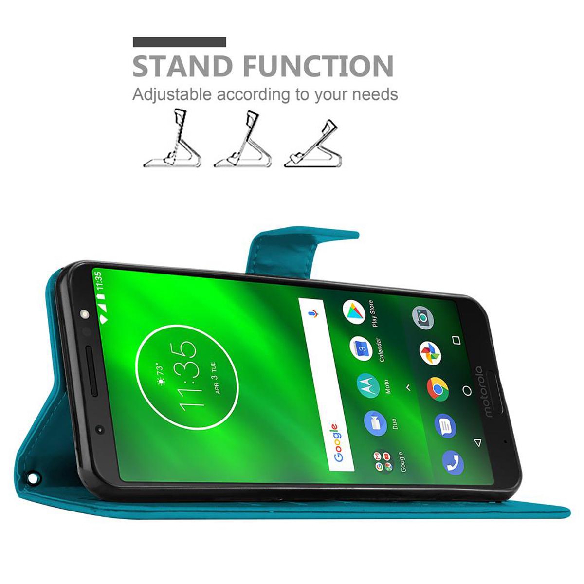 Una custodia per telefono verde acqua con un telefono all'interno. Il telefono mostra la schermata iniziale con le icone. La funzione stand è pubblicizzata.