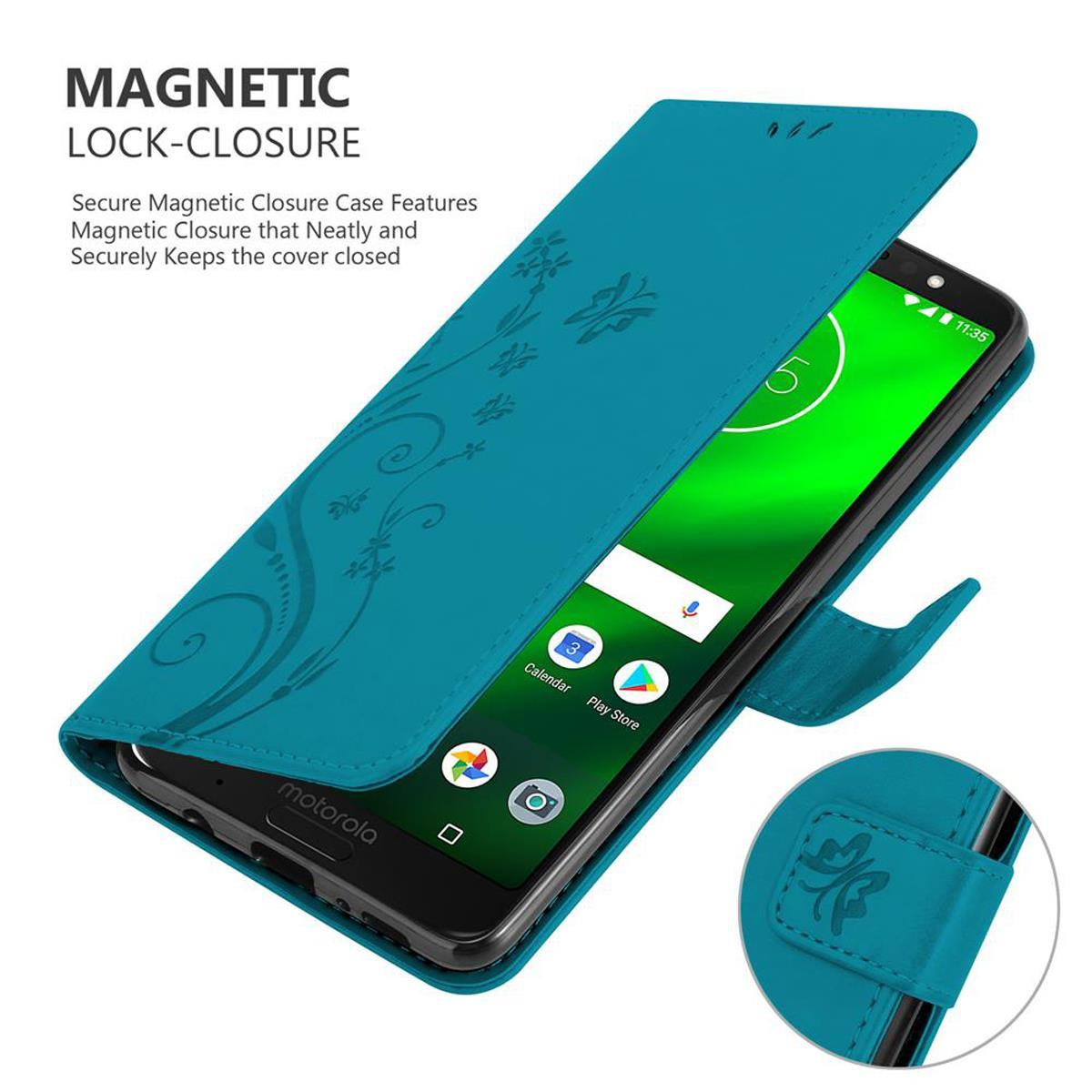 Una custodia per telefono turchese con motivo floreale, aperta per rivelare un telefono. Il testo indica la chiusura magnetica.