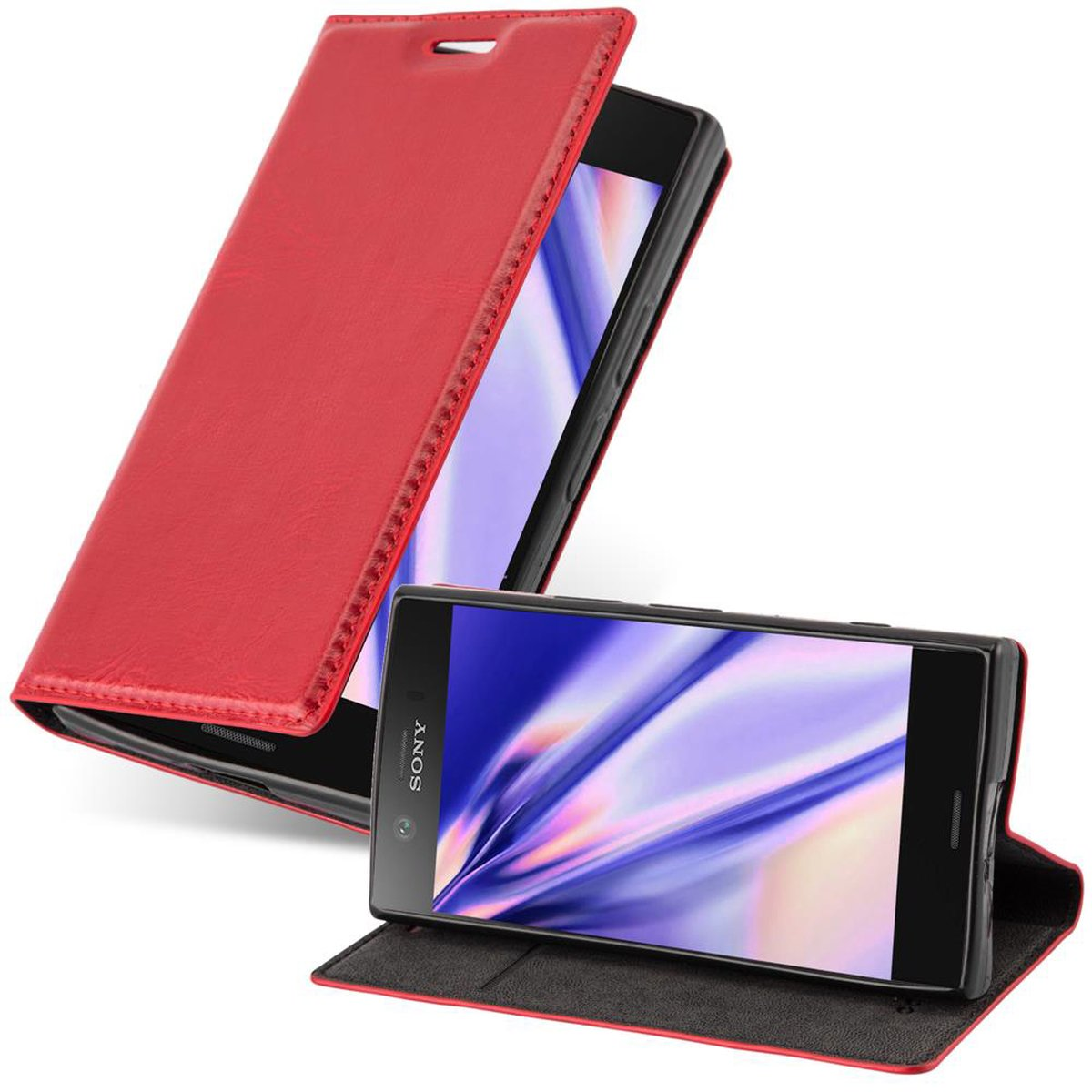 Rote Handyhülle offen, Telefon innen. Das Telefon hat einen blauen Hintergrund.