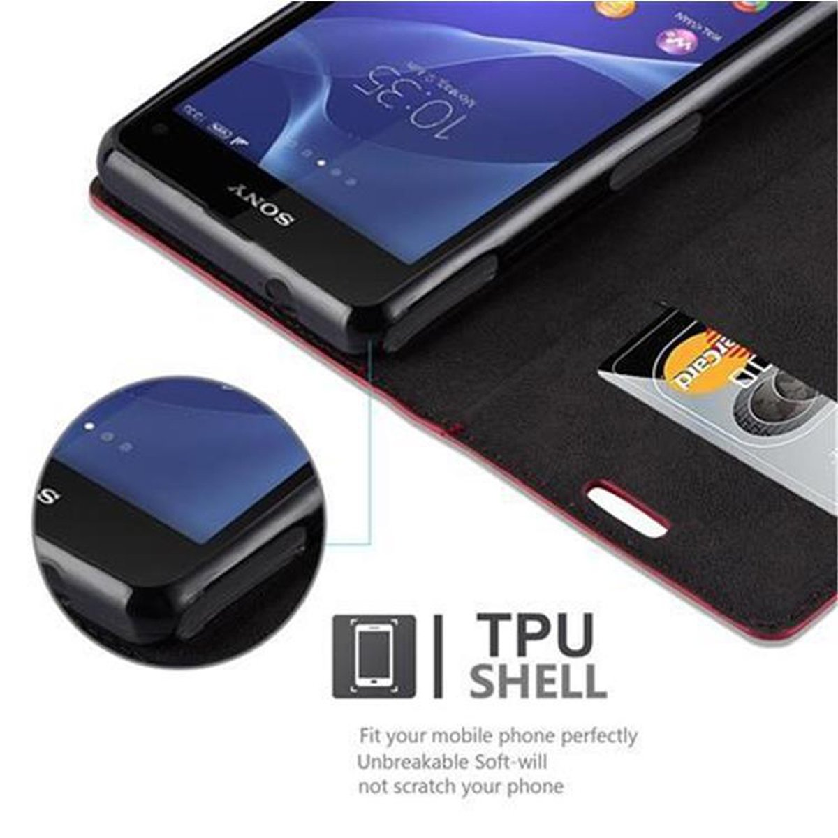 Schwarzes Telefon in schwarzem Gehäuse, offen, um Telefon und Kartenfach zu zeigen. Text: TPU-Schale. Passt perfekt und schützt.