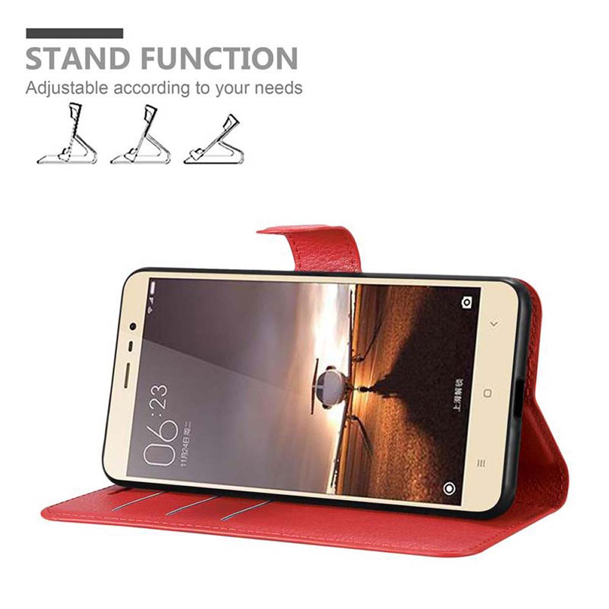 Rote Handyhülle mit einem Handy, das ein Sonnenuntergangsbild zeigt. Grafik der Standfunktion ist oben.