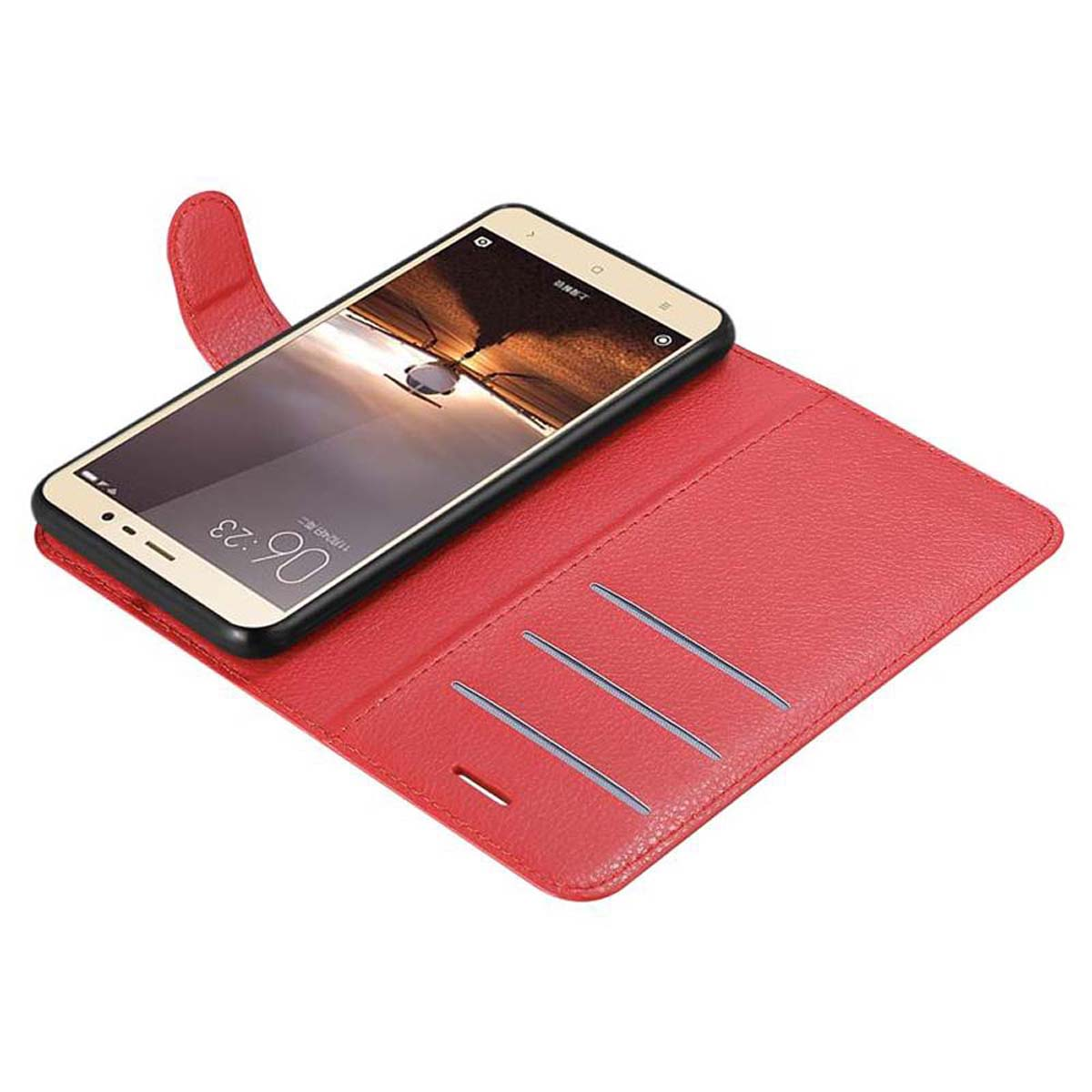 Rote Handyhülle, offen, mit Telefon darin. Drei Kartenfächer sind innen sichtbar.