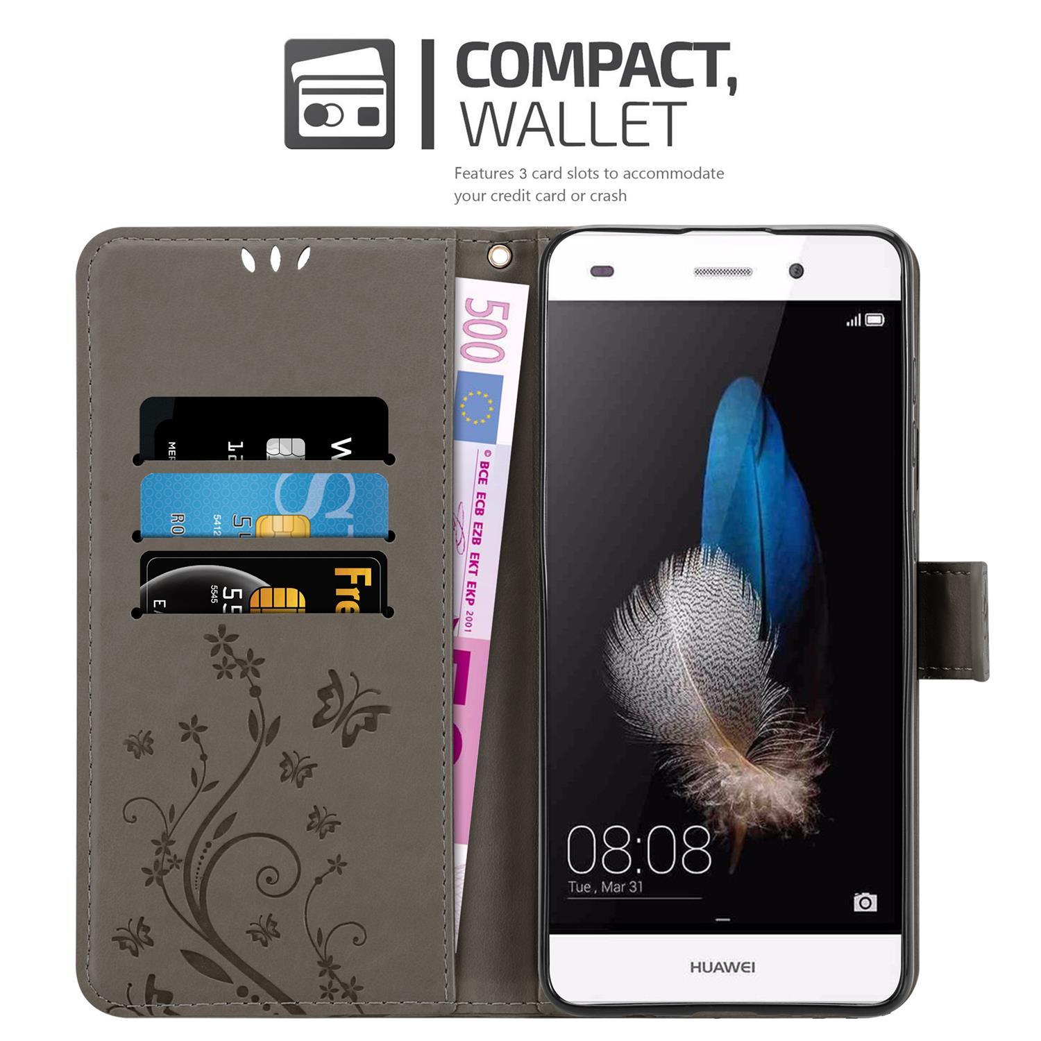 P8 LITE CADORABO Flower Hülle GRAU Blumen FLORAL 2015, Bookcover, Case, Huawei, Muster