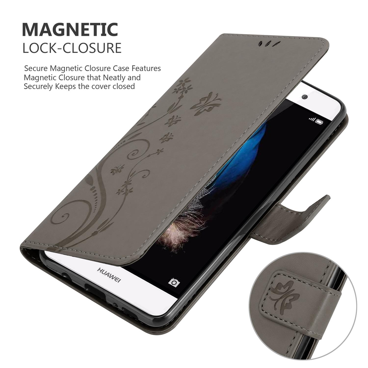 Custodia grigia con design floreale, aperta per rivelare lo schermo. Chiusura magnetica visibile.