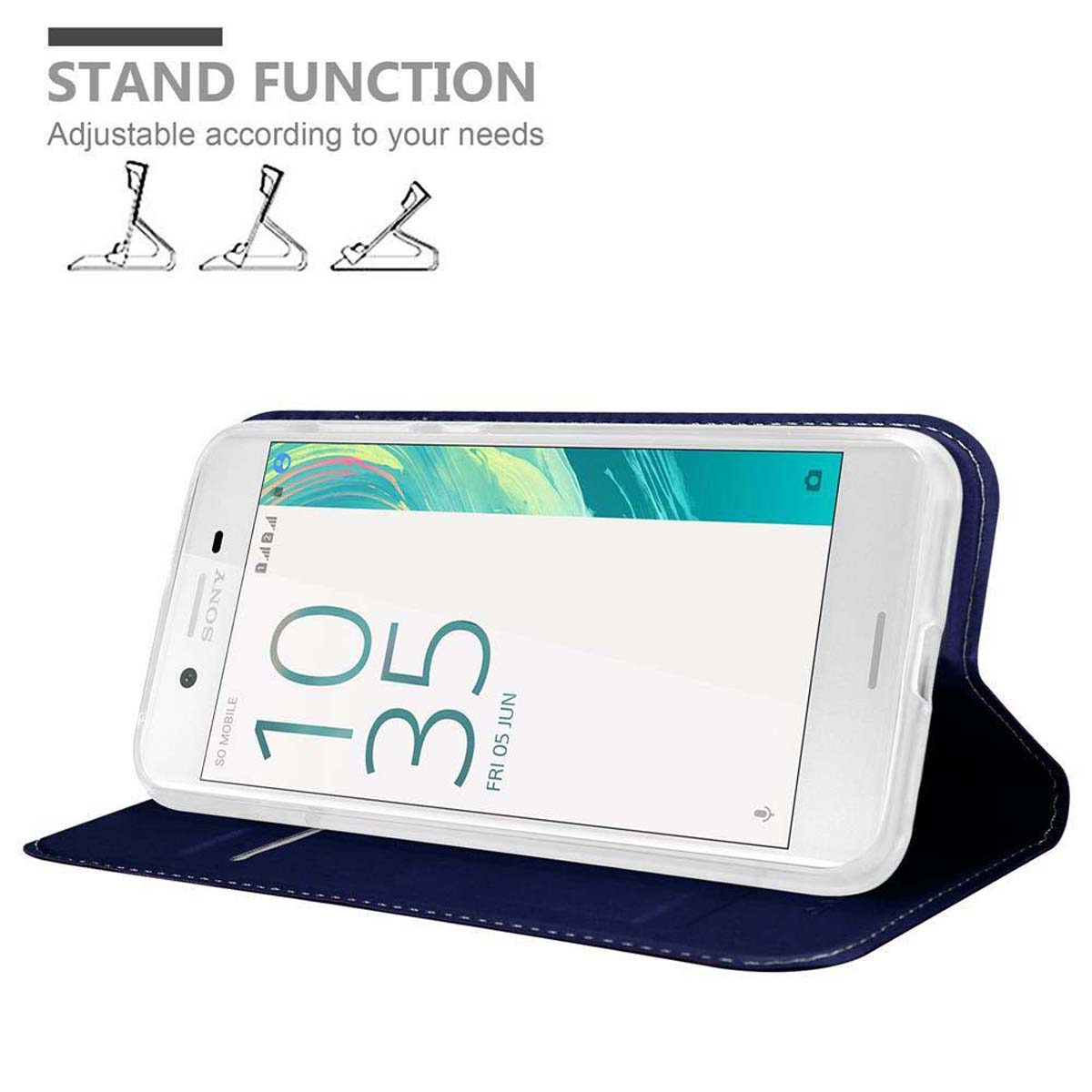 Un telefono in una custodia blu con funzione stand. Lo stand ha tre posizioni diverse.